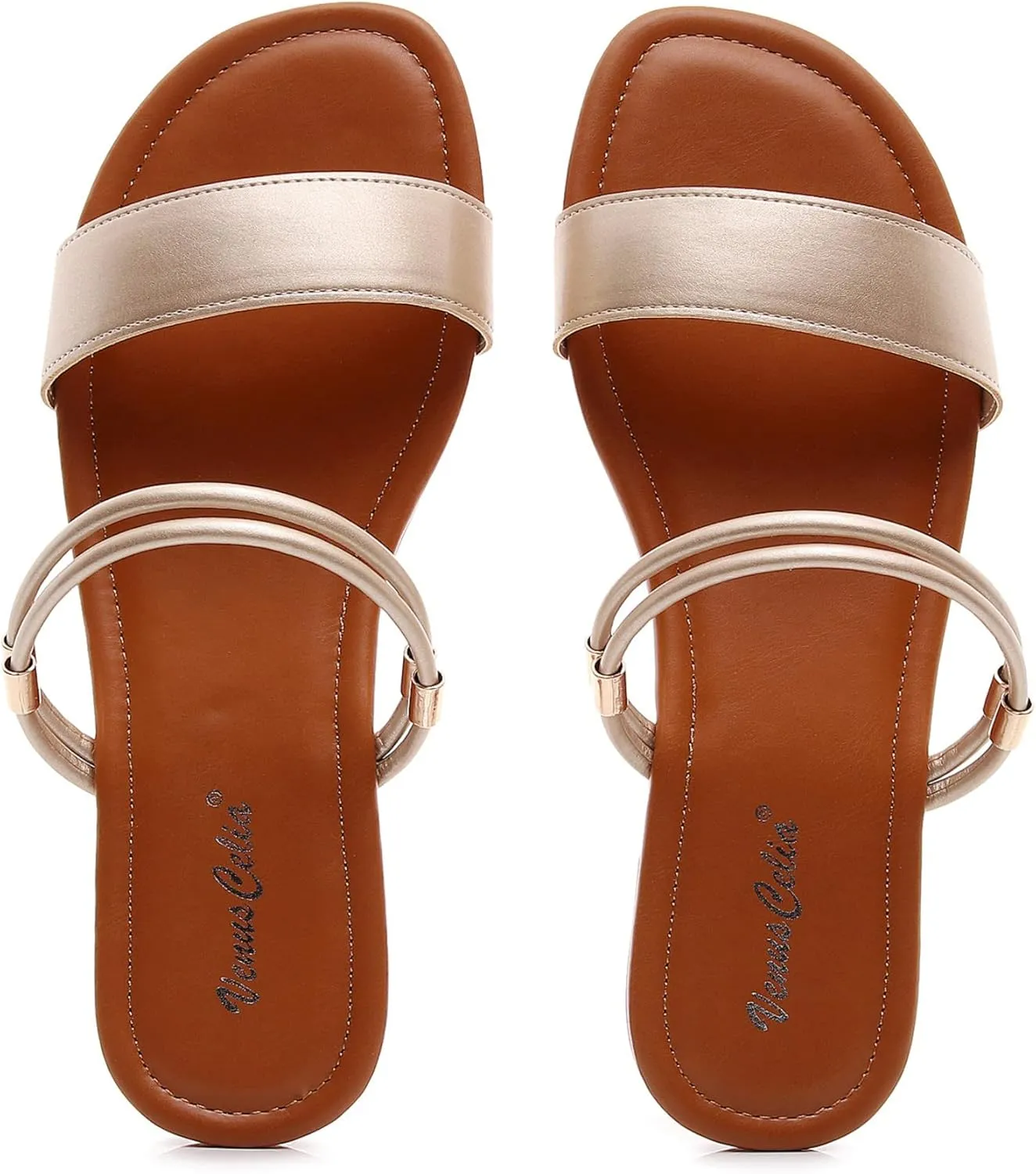 VenusCelia Women's Double Straps Wide Flat Sandal