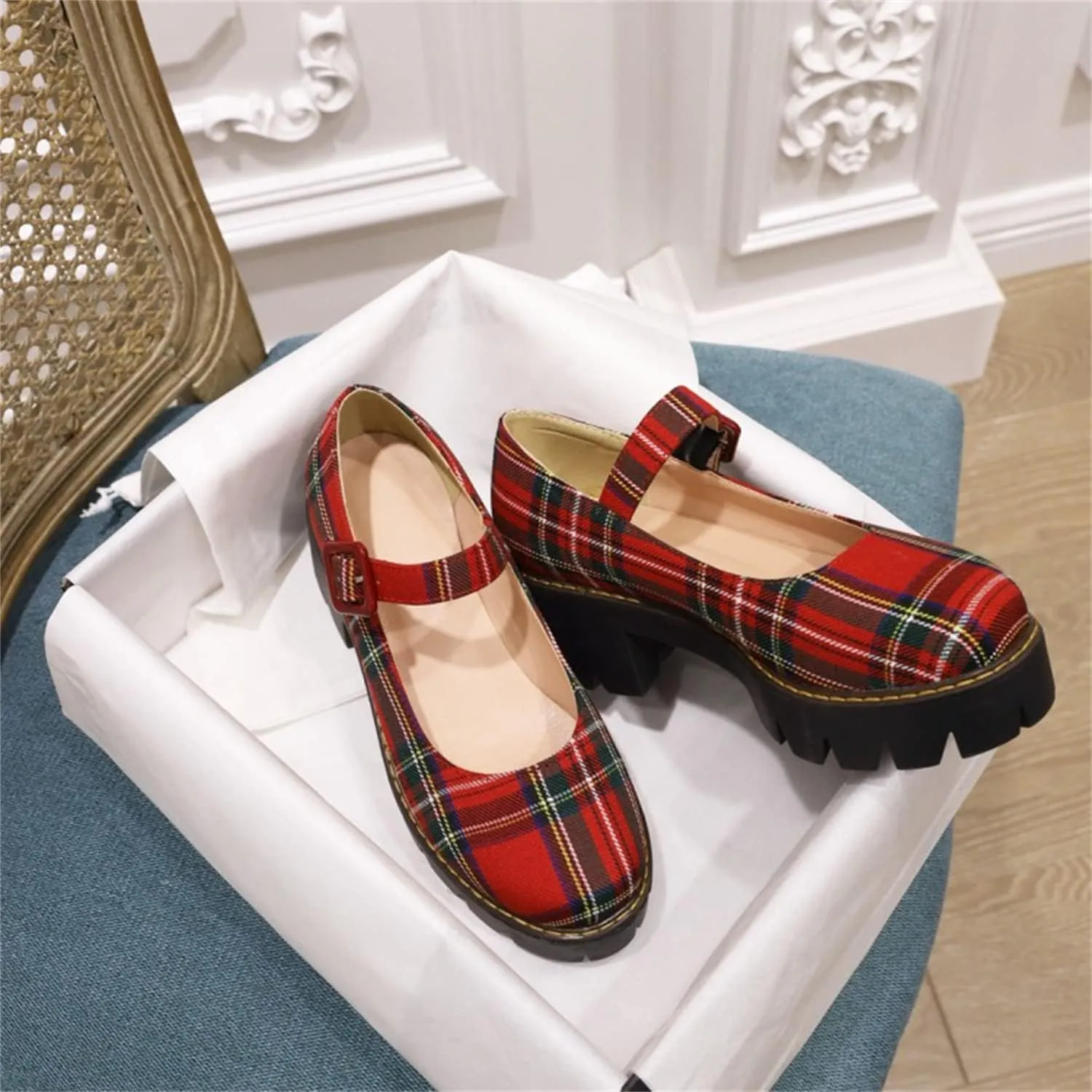 Viuluti Women's Plaid Mary Jane Pumps Round Toe Platform Shoes Chunky Heels Dress Shoes