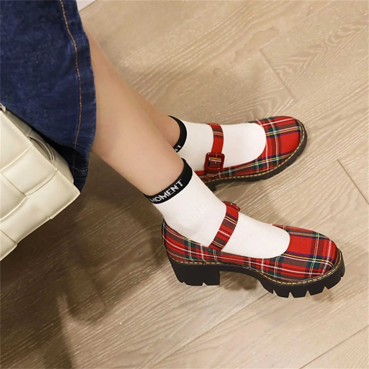 Viuluti Women's Plaid Mary Jane Pumps Round Toe Platform Shoes Chunky Heels Dress Shoes