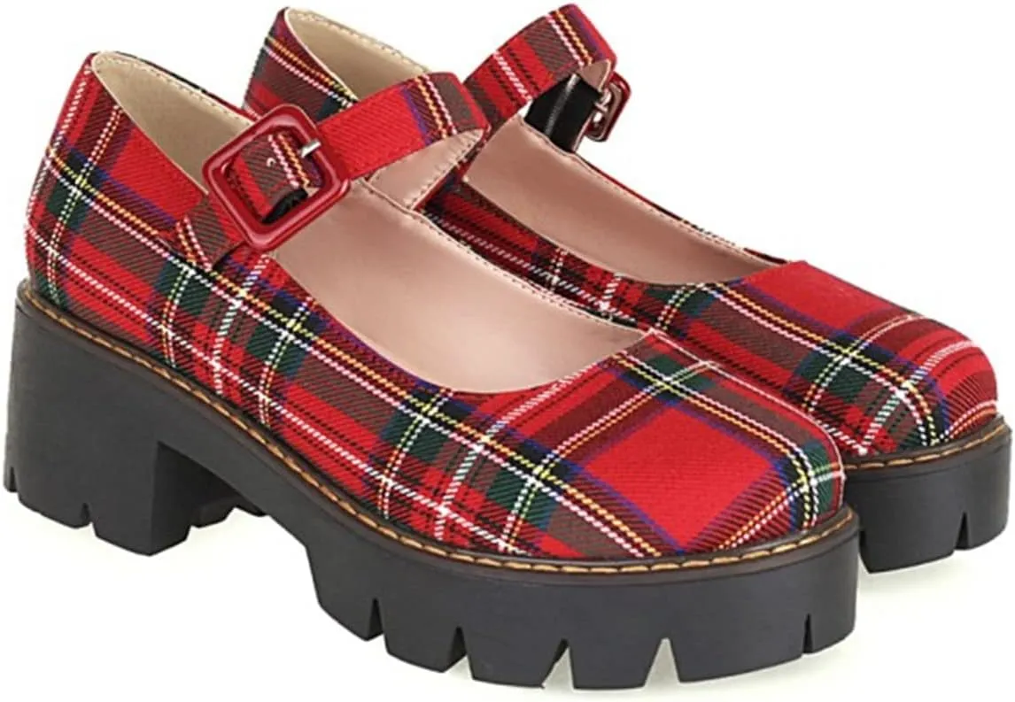 Viuluti Women's Plaid Mary Jane Pumps Round Toe Platform Shoes Chunky Heels Dress Shoes