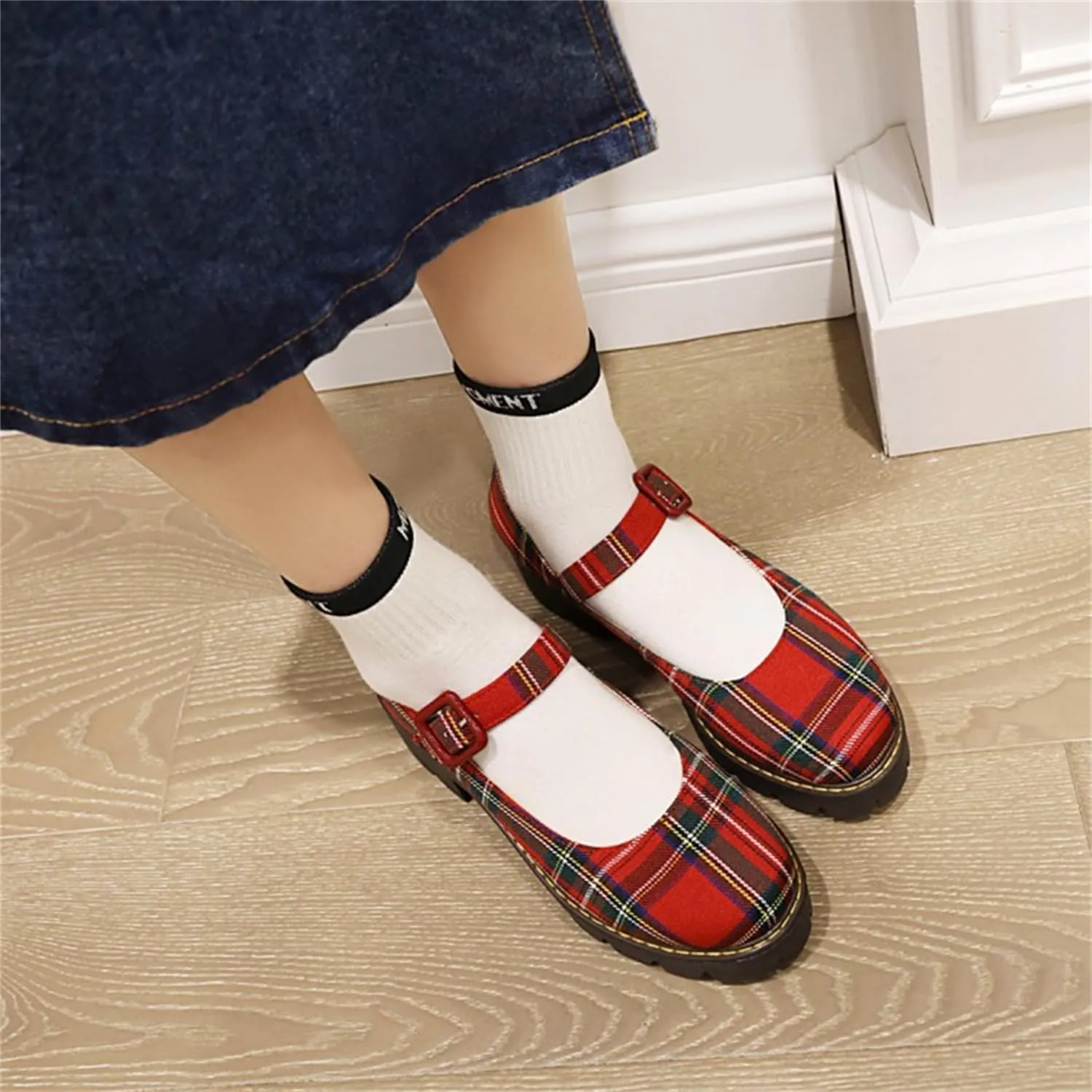 Viuluti Women's Plaid Mary Jane Pumps Round Toe Platform Shoes Chunky Heels Dress Shoes