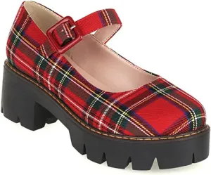 Viuluti Women's Plaid Mary Jane Pumps Round Toe Platform Shoes Chunky Heels Dress Shoes