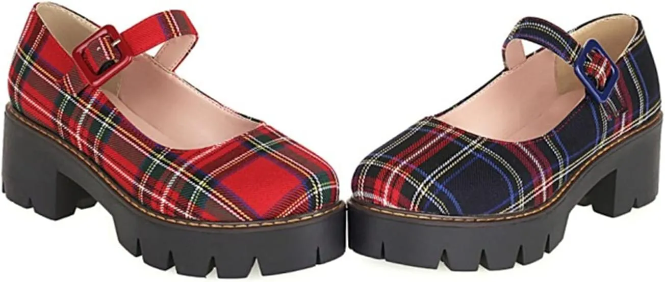 Viuluti Women's Plaid Mary Jane Pumps Round Toe Platform Shoes Chunky Heels Dress Shoes