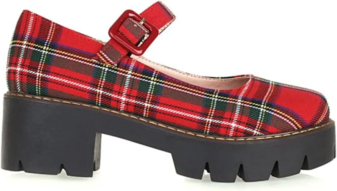 Viuluti Women's Plaid Mary Jane Pumps Round Toe Platform Shoes Chunky Heels Dress Shoes