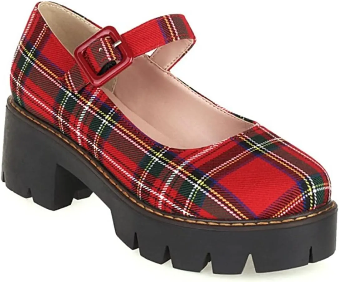 Viuluti Women's Plaid Mary Jane Pumps Round Toe Platform Shoes Chunky Heels Dress Shoes