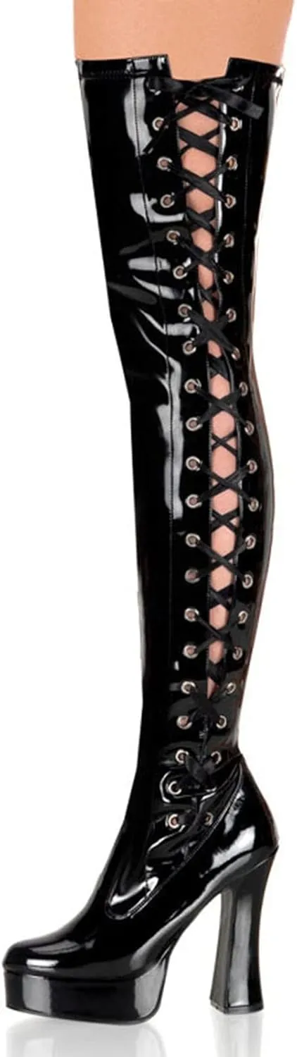 Vujkliy Square Thick Heel Side Tie Ribbon Over The Knee Boots Round Toe Platform Side Zipper High Heels Sexy Nightclub Performance 13CM Boots
