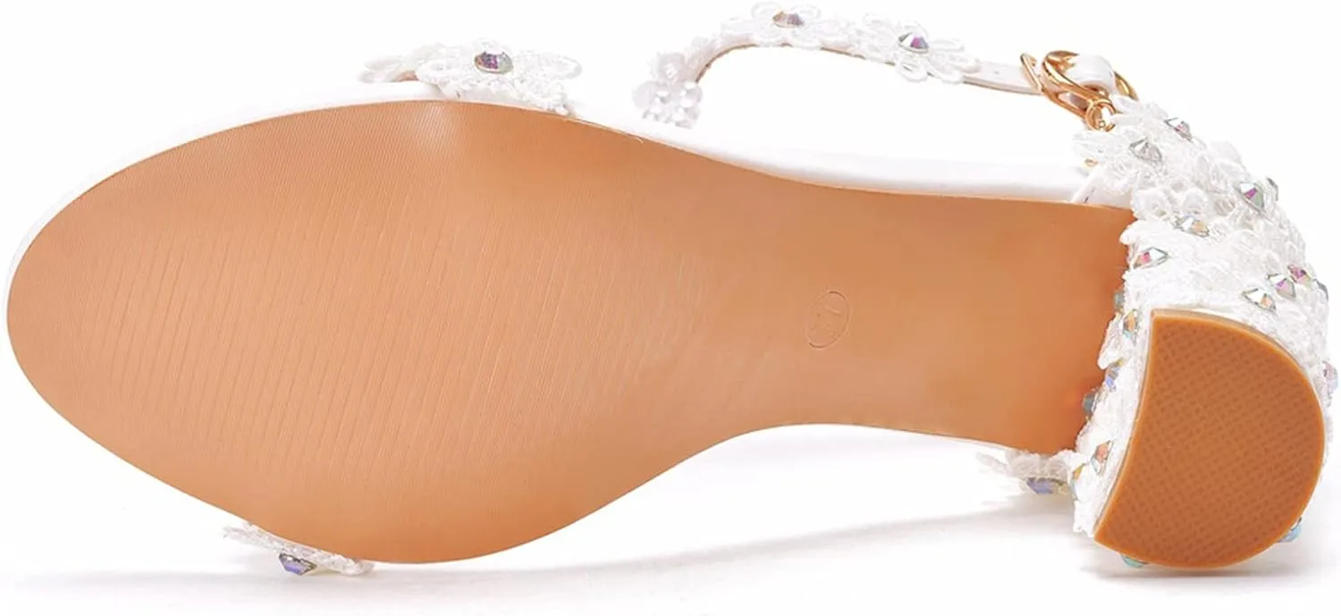 Vujkliy Women's Sandals Pump Round Toe Lace Beaded Square Heel Chunky Heel Sandals Sexy Banquet Wedding 7Cm/2.7In Large Size Sandals