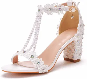 Vujkliy Women's Sandals Pump Round Toe Lace Beaded Square Heel Chunky Heel Sandals Sexy Banquet Wedding 7Cm/2.7In Large Size Sandals