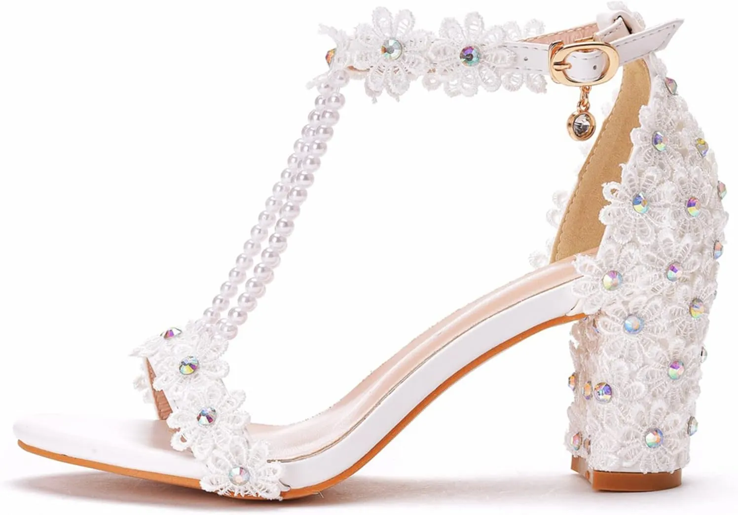 Vujkliy Women's Sandals Pump Round Toe Lace Beaded Square Heel Chunky Heel Sandals Sexy Banquet Wedding 7Cm/2.7In Large Size Sandals
