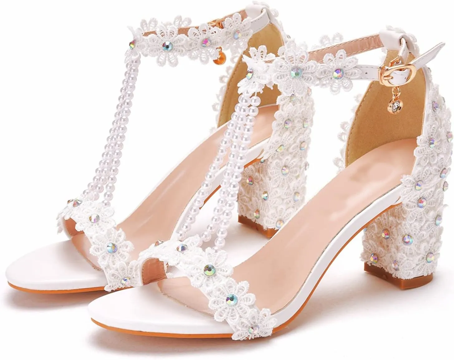 Vujkliy Women's Sandals Pump Round Toe Lace Beaded Square Heel Chunky Heel Sandals Sexy Banquet Wedding 7Cm/2.7In Large Size Sandals