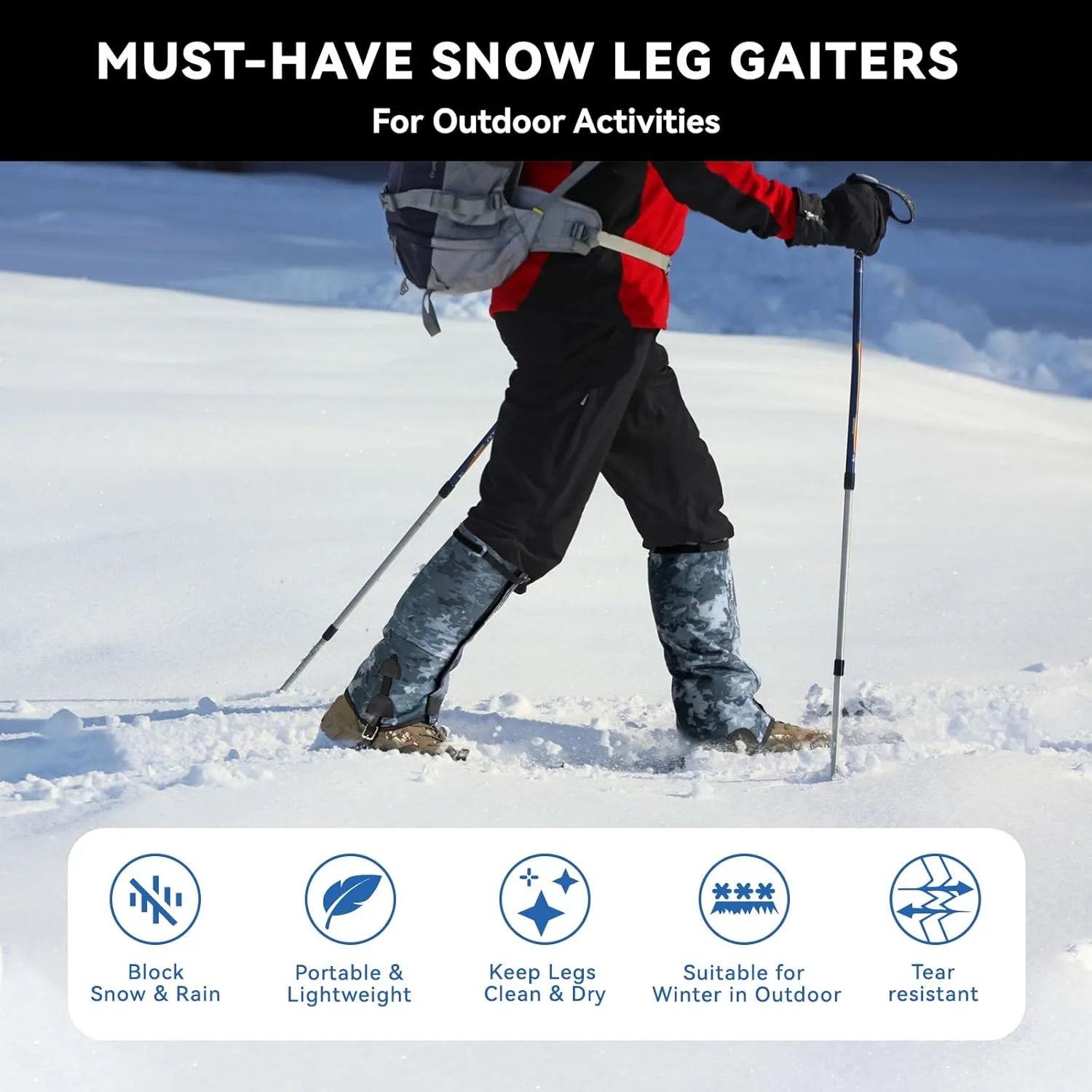 Waterproof Snow Leg Gaiters, Lightweight & Adjustable Winter Hiking Boot Gaiters for Men & Women, Special Designed for Skiing Walking Climbing, Hunting, Home Gardening or Snowshoeing