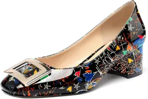 WAYDERNS Women's Gold Metal Rectangle On Solid Patent Square Toe Chunky Low Heel Pumps Shoes 2 Inch