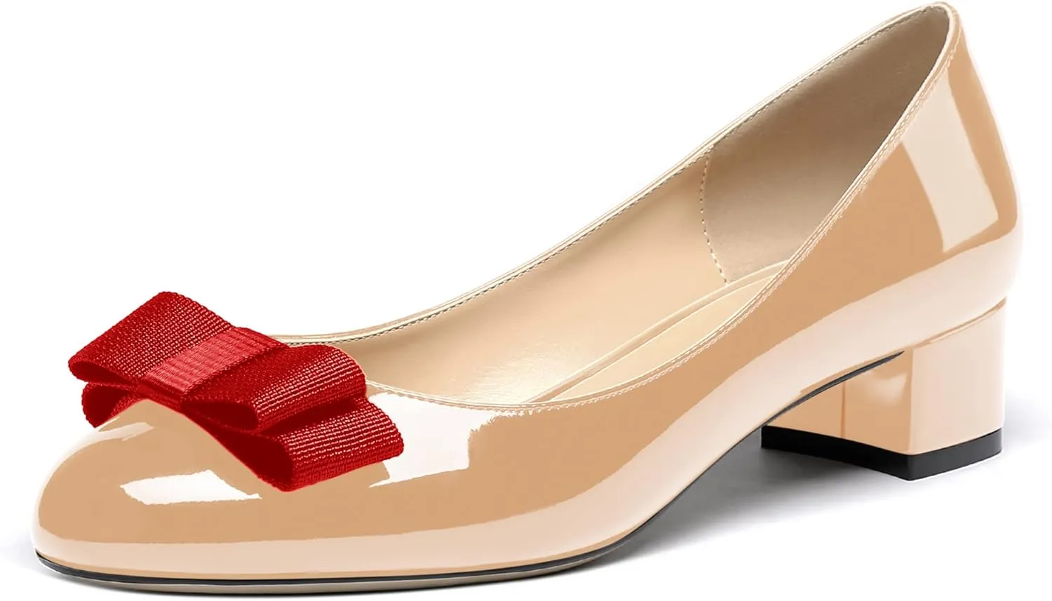 WAYDERNS Women's Patent Bow Slip On Round Toe Chunky Low Heel Pumps Shoes 1.5 Inch