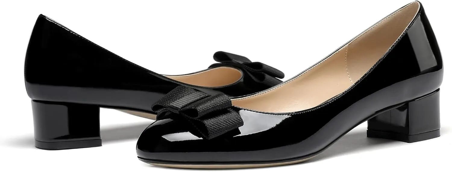 WAYDERNS Women's Patent Bow Slip On Round Toe Chunky Low Heel Pumps Shoes 1.5 Inch
