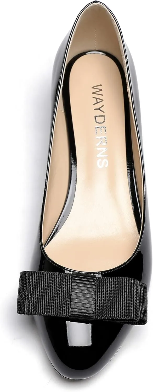 WAYDERNS Women's Patent Bow Slip On Round Toe Chunky Low Heel Pumps Shoes 1.5 Inch