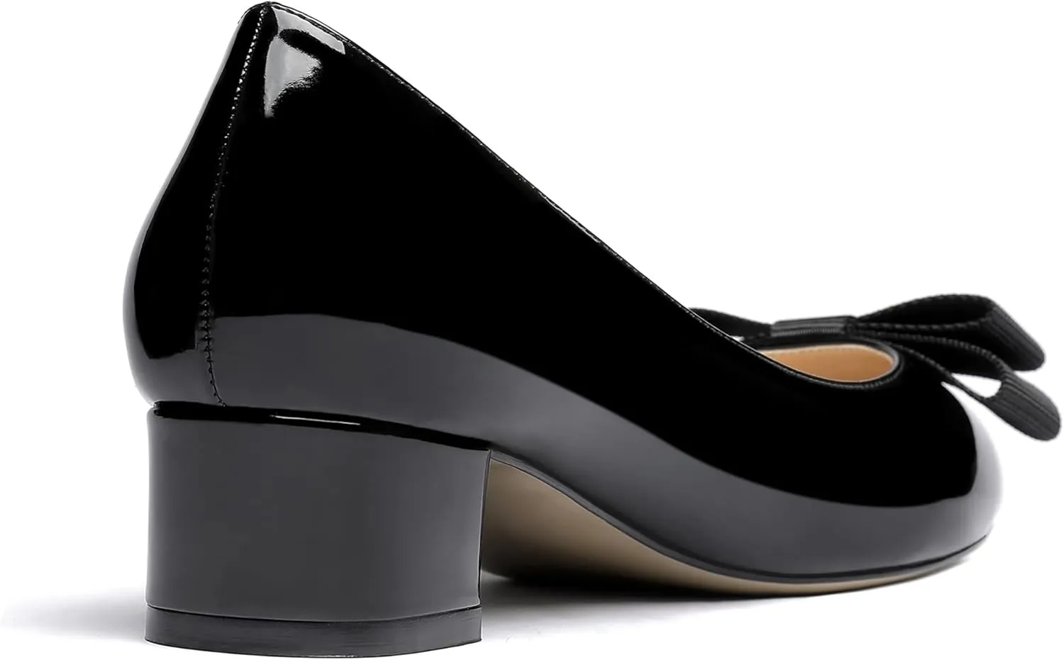 WAYDERNS Women's Patent Bow Slip On Round Toe Chunky Low Heel Pumps Shoes 1.5 Inch
