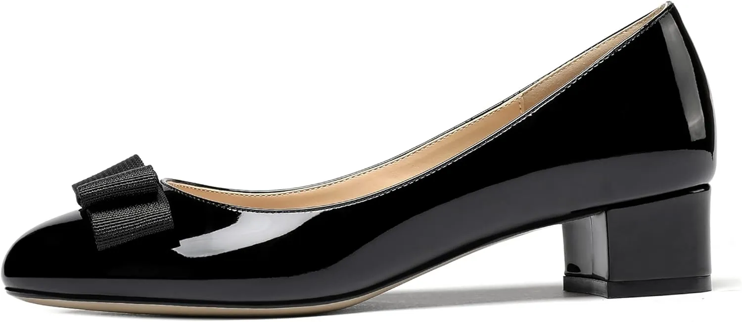 WAYDERNS Women's Patent Bow Slip On Round Toe Chunky Low Heel Pumps Shoes 1.5 Inch