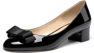WAYDERNS Women's Patent Bow Slip On Round Toe Chunky Low Heel Pumps Shoes 1.5 Inch