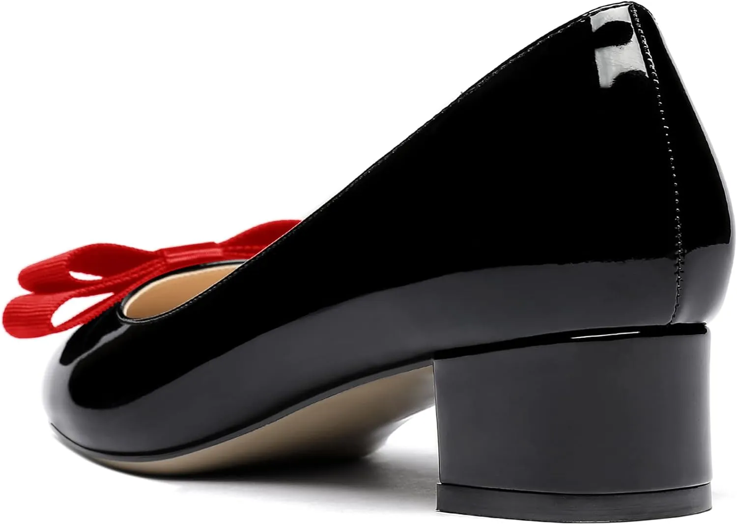 WAYDERNS Women's Patent Bow Slip On Round Toe Chunky Low Heel Pumps Shoes 1.5 Inch