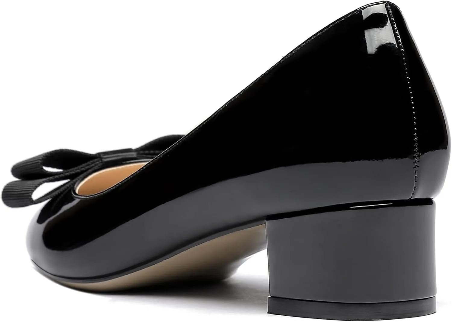 WAYDERNS Women's Patent Bow Slip On Round Toe Chunky Low Heel Pumps Shoes 1.5 Inch