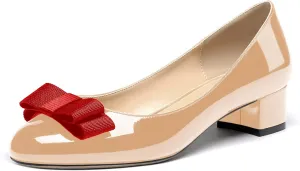 WAYDERNS Women's Patent Bow Slip On Round Toe Chunky Low Heel Pumps Shoes 1.5 Inch
