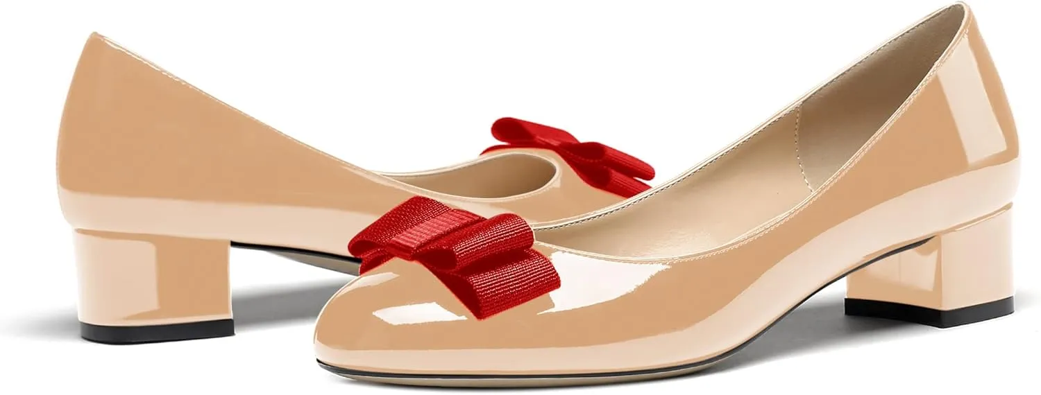 WAYDERNS Women's Patent Bow Slip On Round Toe Chunky Low Heel Pumps Shoes 1.5 Inch