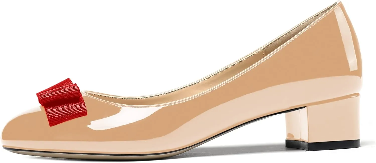 WAYDERNS Women's Patent Bow Slip On Round Toe Chunky Low Heel Pumps Shoes 1.5 Inch
