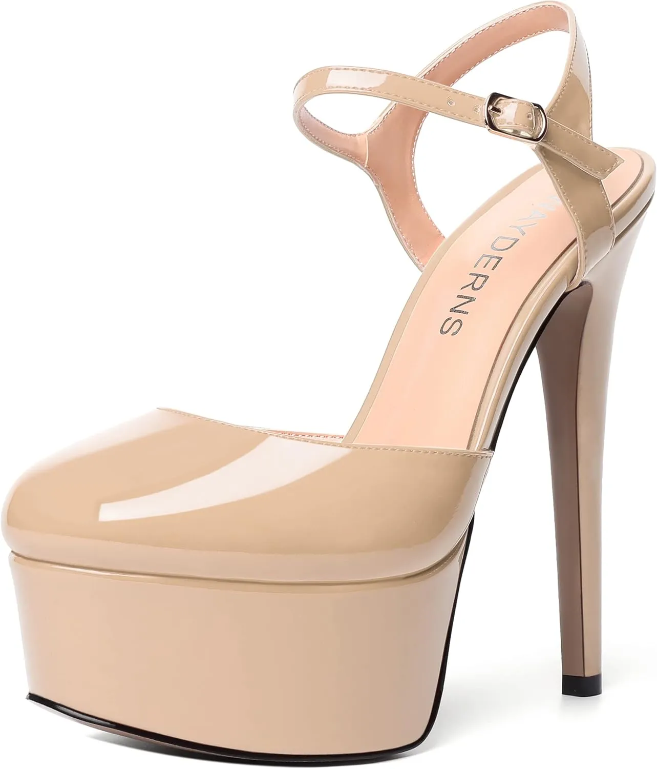 WAYDERNS Womens Patent Round Toe Wedding Buckle Ankle Strap Fashion Platform Stiletto High Heel Pumps Shoes 6 Inch