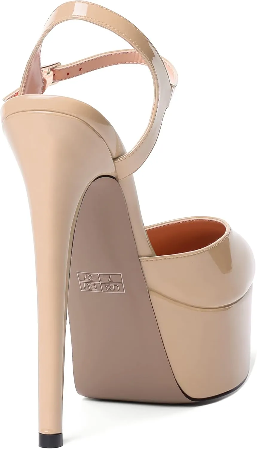 WAYDERNS Womens Patent Round Toe Wedding Buckle Ankle Strap Fashion Platform Stiletto High Heel Pumps Shoes 6 Inch