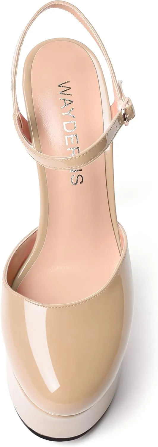WAYDERNS Womens Patent Round Toe Wedding Buckle Ankle Strap Fashion Platform Stiletto High Heel Pumps Shoes 6 Inch