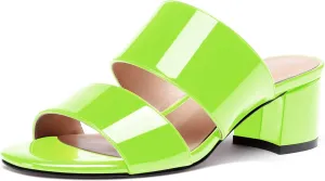 WAYDERNS Women's Slip On Open Toe Patent Chunky Low Heel Slides Two Piece Sandals 2 Inch