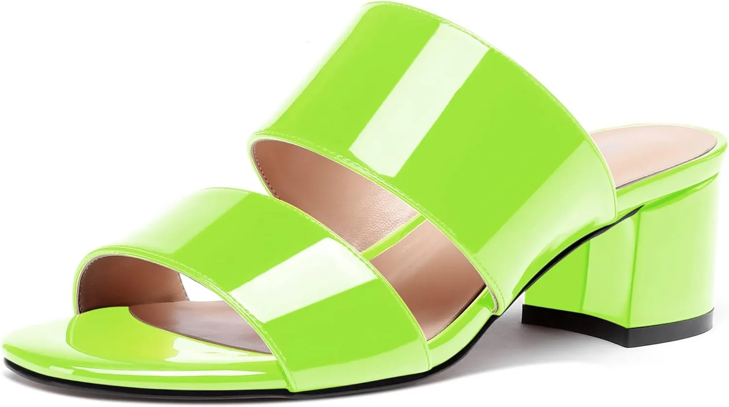 WAYDERNS Women's Slip On Open Toe Patent Chunky Low Heel Slides Two Piece Sandals 2 Inch