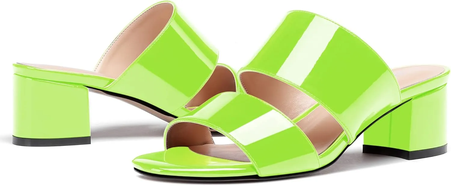 WAYDERNS Women's Slip On Open Toe Patent Chunky Low Heel Slides Two Piece Sandals 2 Inch
