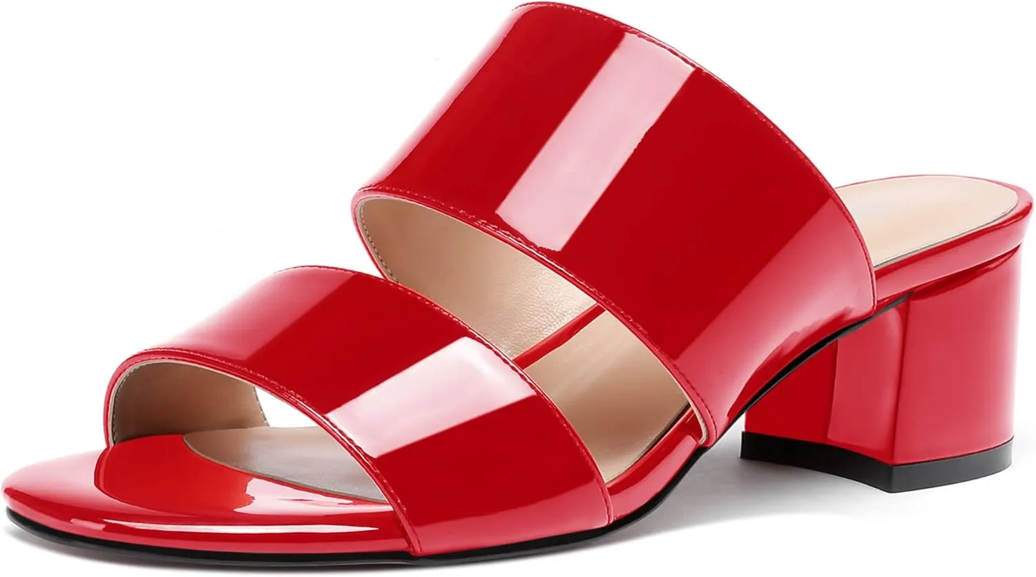 WAYDERNS Women's Slip On Open Toe Patent Chunky Low Heel Slides Two Piece Sandals 2 Inch