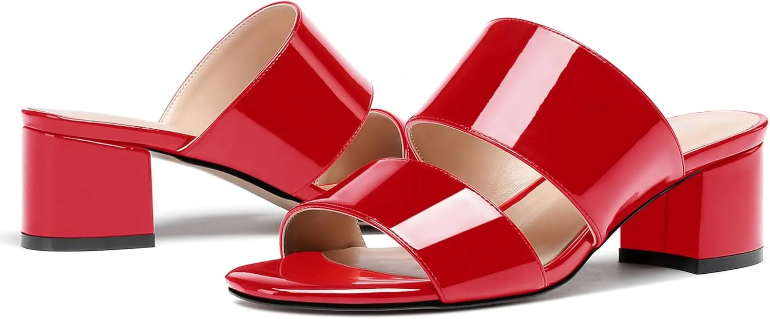 WAYDERNS Women's Slip On Open Toe Patent Chunky Low Heel Slides Two Piece Sandals 2 Inch