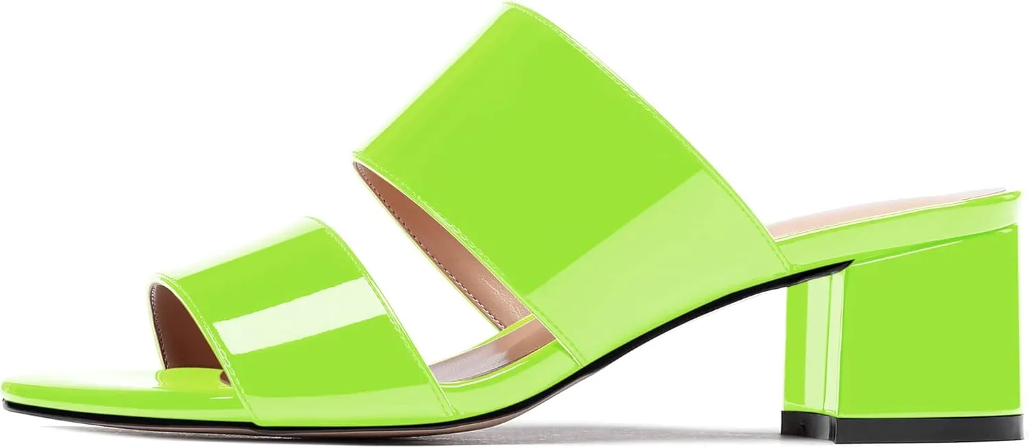 WAYDERNS Women's Slip On Open Toe Patent Chunky Low Heel Slides Two Piece Sandals 2 Inch