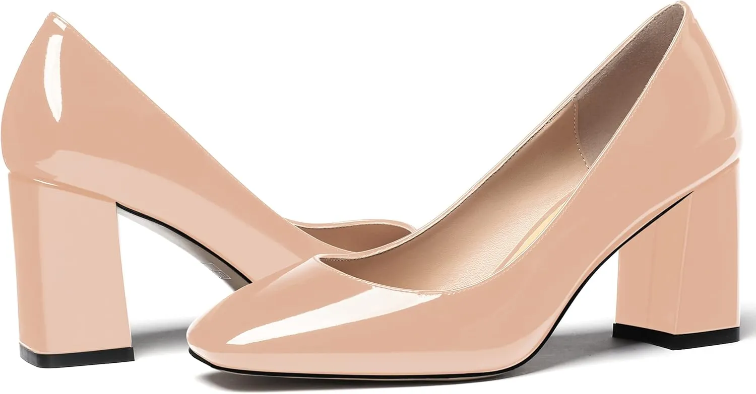 WAYDERNS Women's Slip On Solid Square Toe Patent Block High Heel Pumps Shoes 3 Inch
