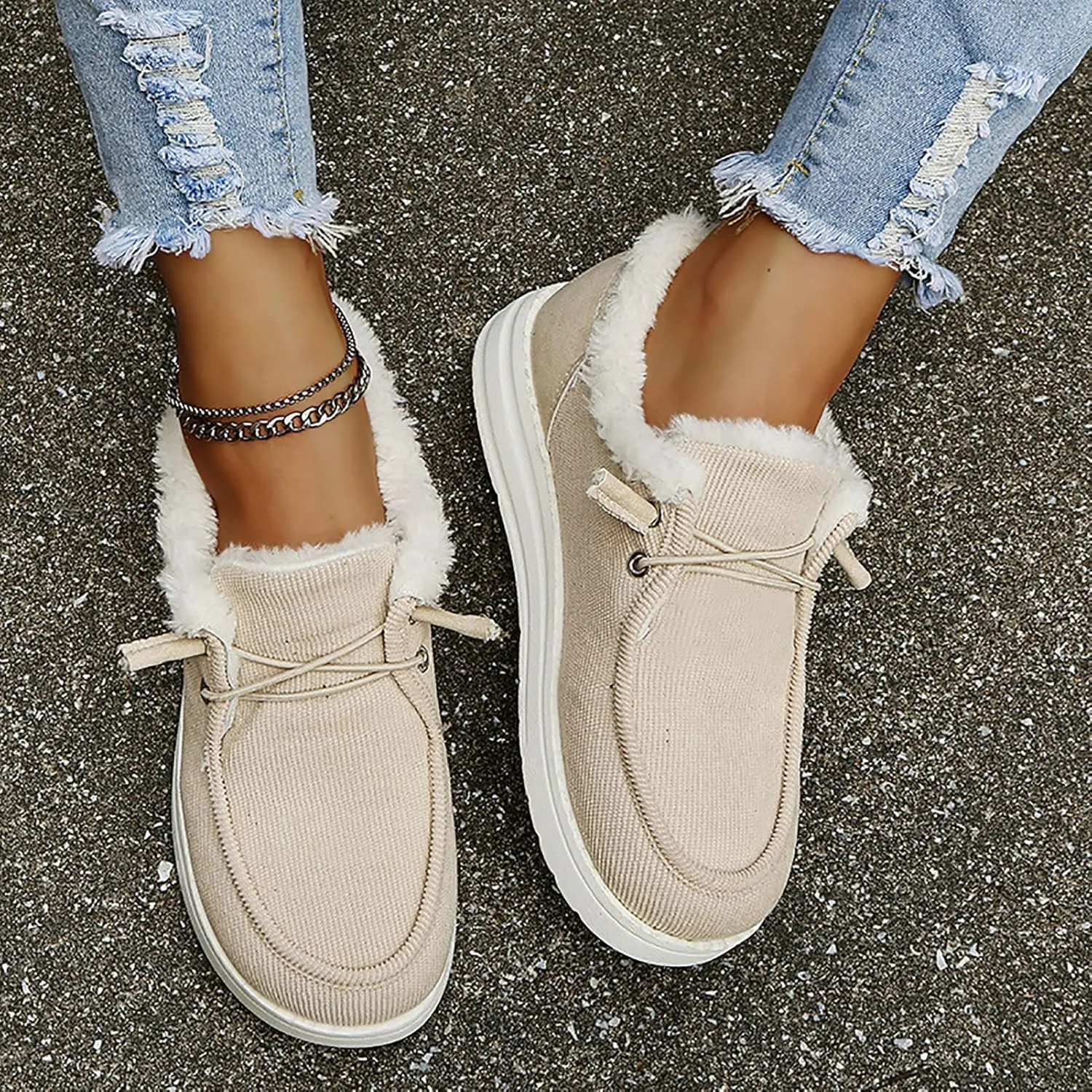 Winter Fur Lined Loafers for Womens Casual Canvas Slip on Soft Lightweight Flats Comfort Elastic Lace up Low Top Boat Shoes