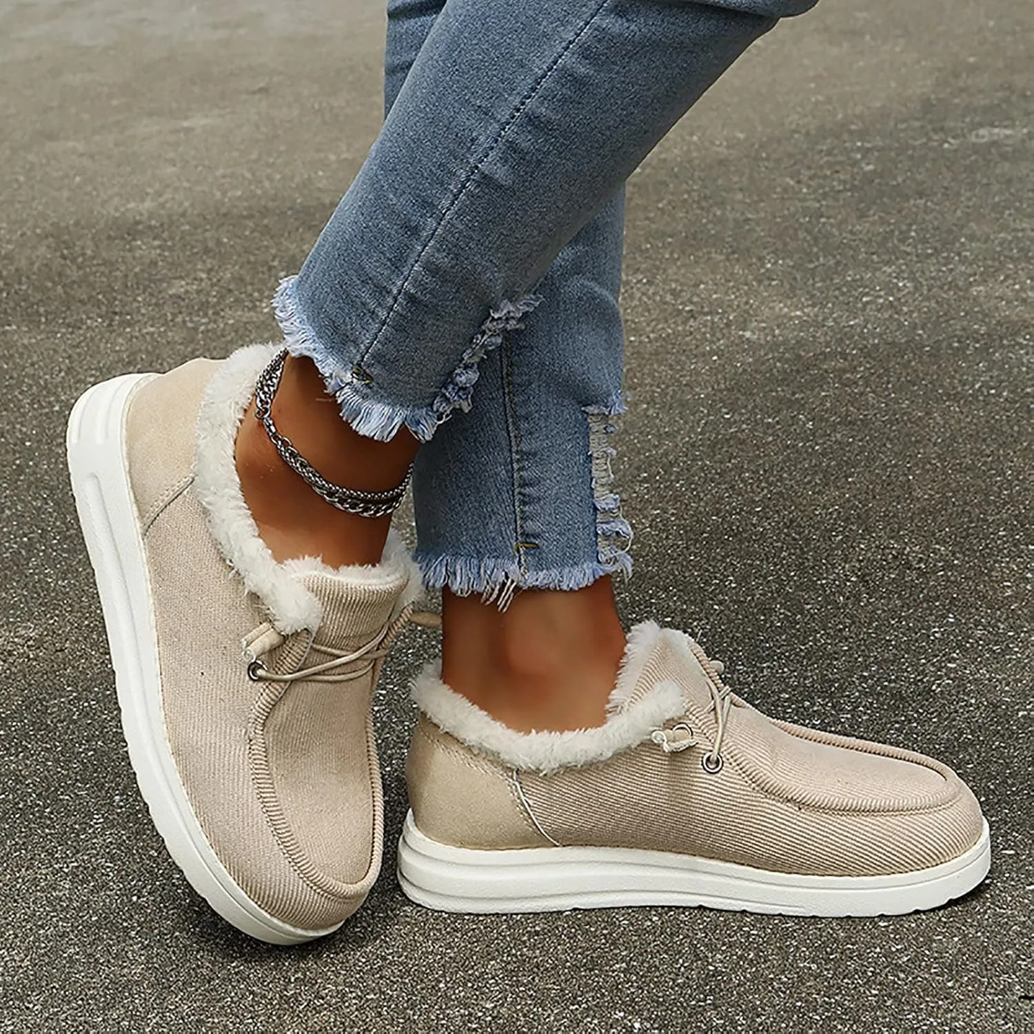 Winter Fur Lined Loafers for Womens Casual Canvas Slip on Soft Lightweight Flats Comfort Elastic Lace up Low Top Boat Shoes