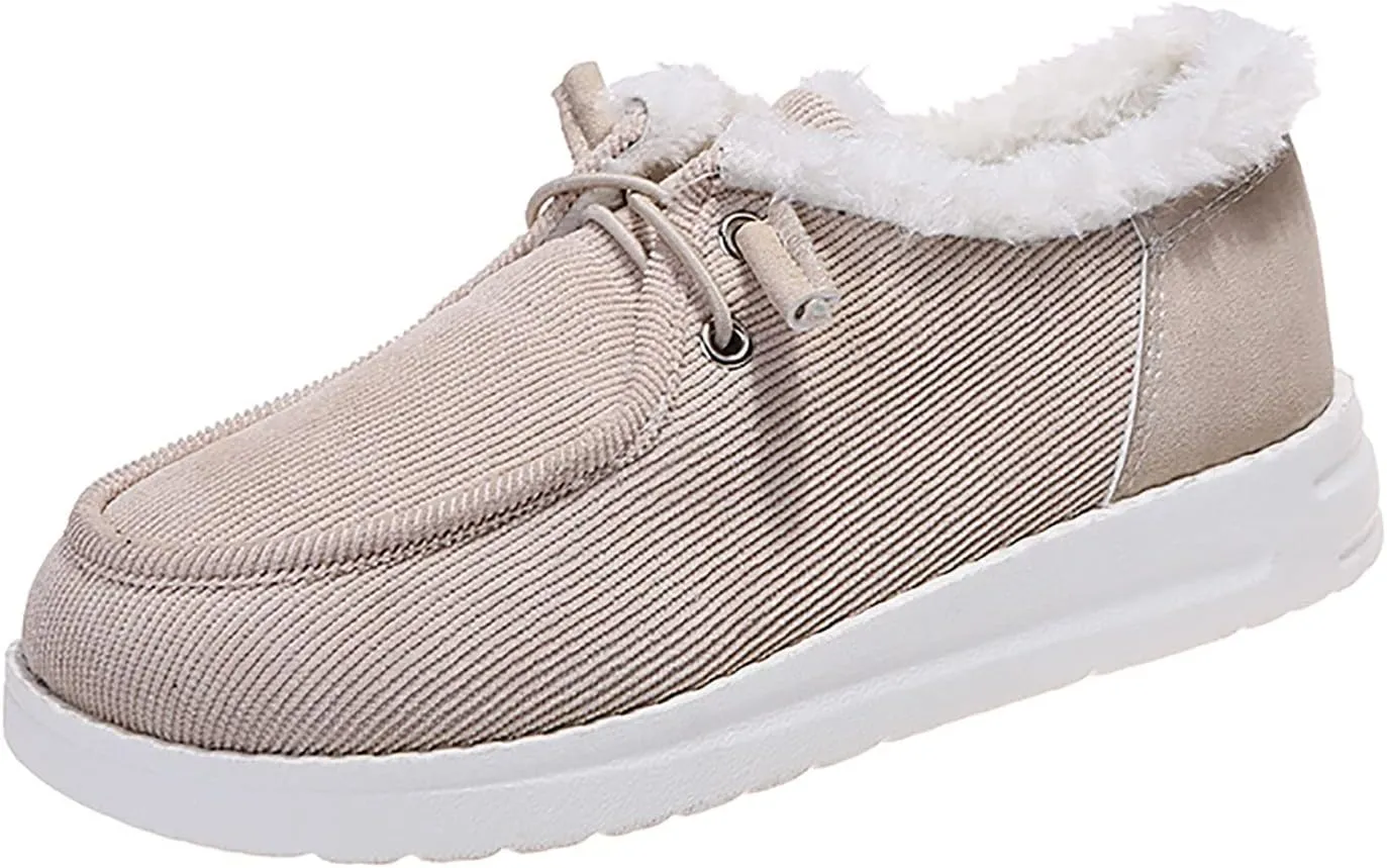 Winter Fur Lined Loafers for Womens Casual Canvas Slip on Soft Lightweight Flats Comfort Elastic Lace up Low Top Boat Shoes