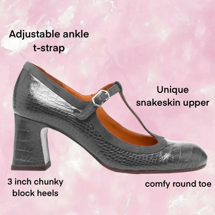 Women Chunky Heel Mary Janes Pumps Crocodile Closed Round Toe Ankle T-Strap Mary Janes Cut Out 3 inch Block Heel Sandals Buckle Strap Stone Pattern Vintage Wedding 4-11 M US