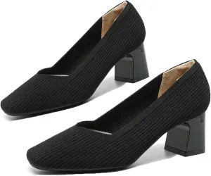 Women Pumps Block Heels Square Toe Knitted Comfortable Heel for Women Slip On Work Shoes for Woman Dress Classic Shoes Walk Office