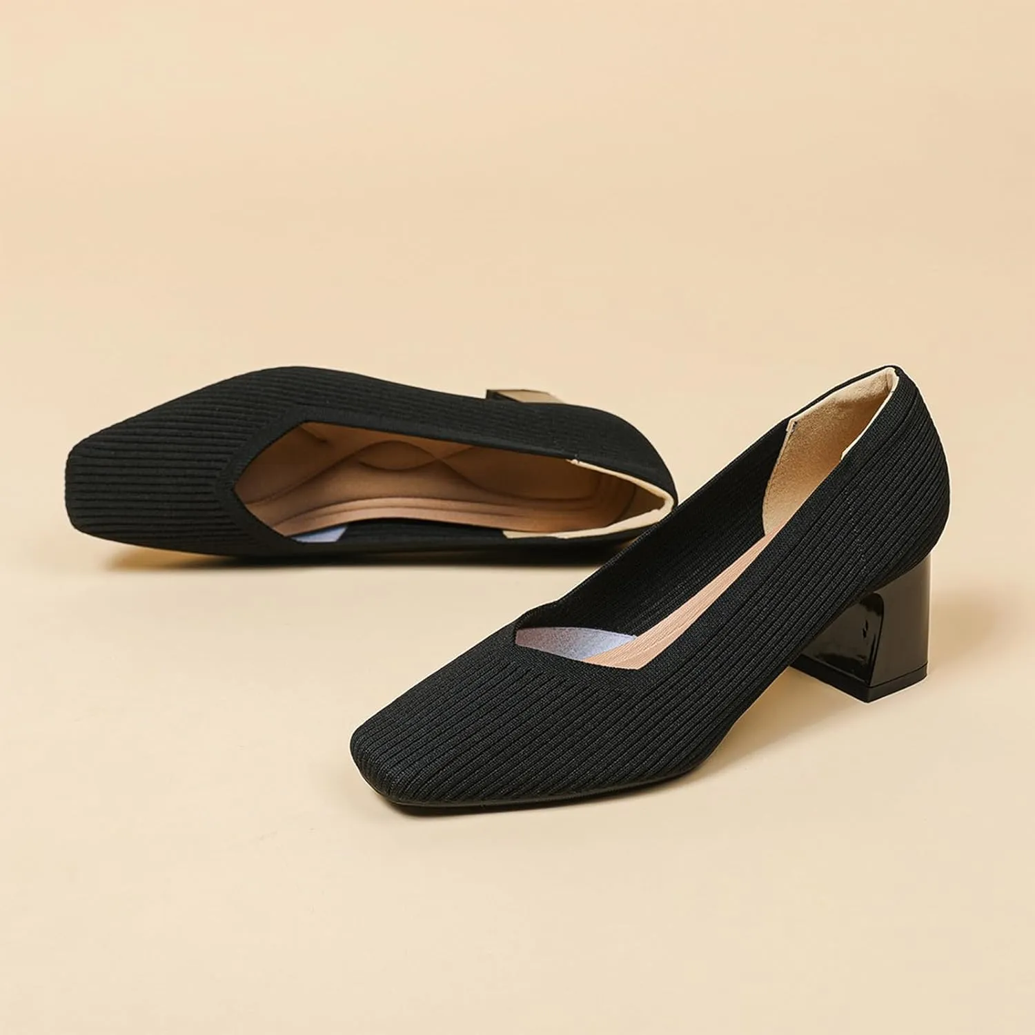 Women Pumps Block Heels Square Toe Knitted Comfortable Heel for Women Slip On Work Shoes for Woman Dress Classic Shoes Walk Office