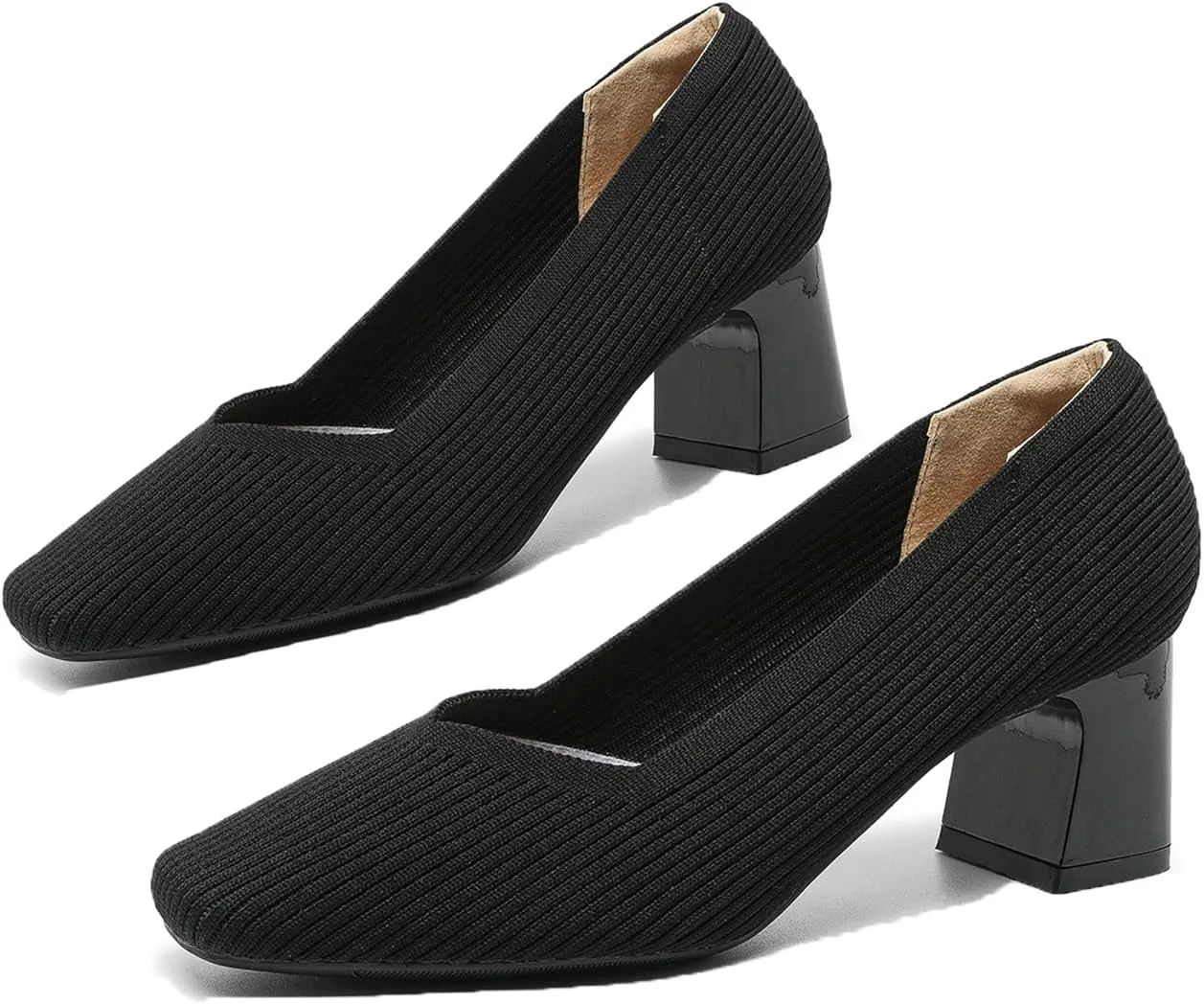 Women Pumps Block Heels Square Toe Knitted Comfortable Heel for Women Slip On Work Shoes for Woman Dress Classic Shoes Walk Office
