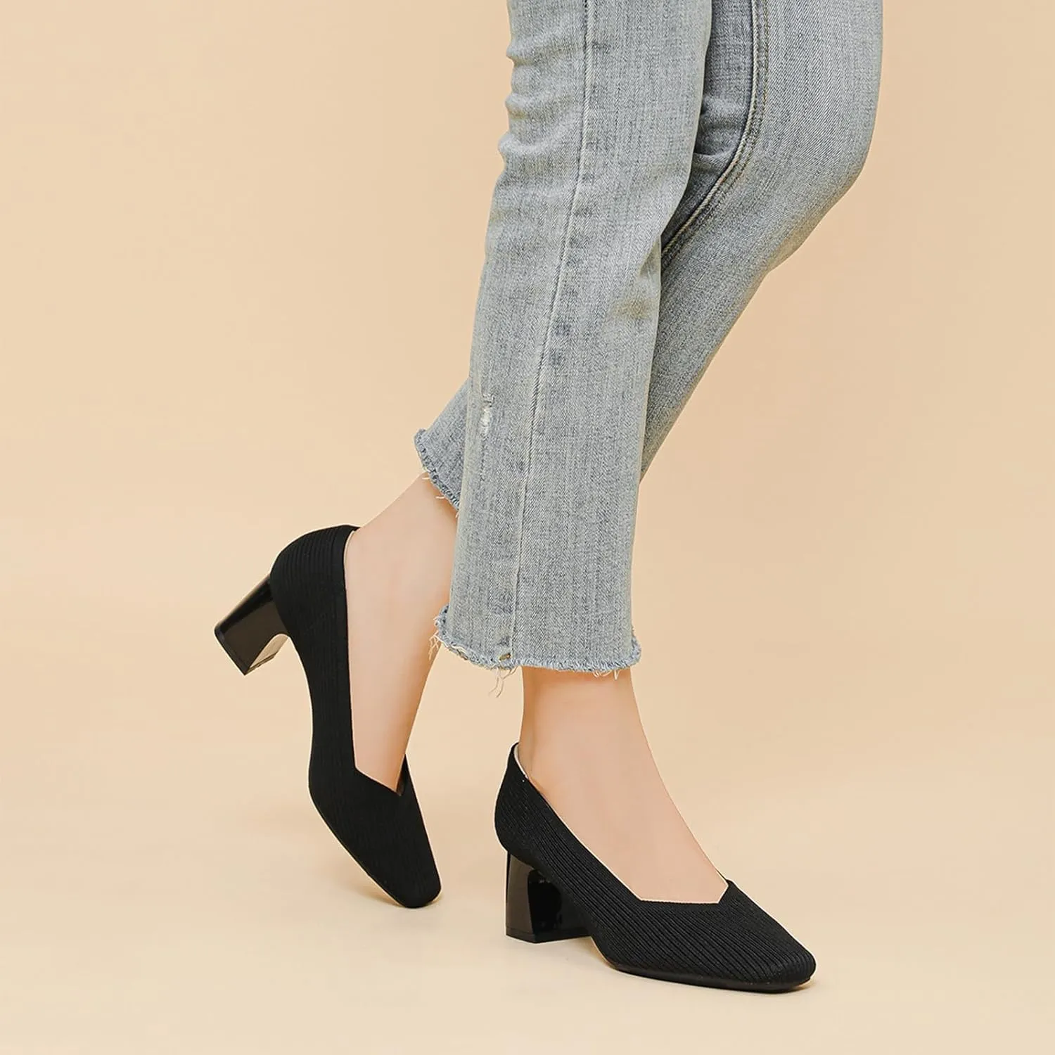 Women Pumps Block Heels Square Toe Knitted Comfortable Heel for Women Slip On Work Shoes for Woman Dress Classic Shoes Walk Office
