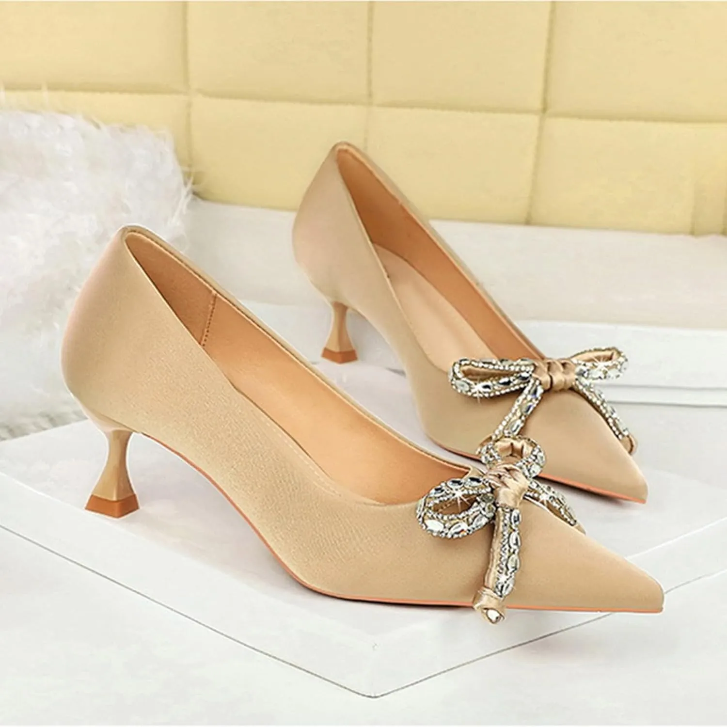 Women Sandal Bow Wedding Party Dress Shoes Stiletto Heel Pointed Toe Slip On Sandal Summer Comfortable Casual Shoes