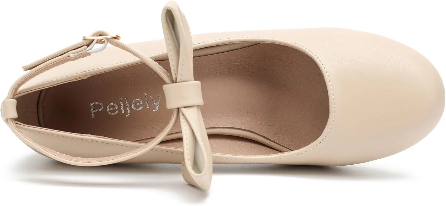 Women's Ankle Strap Heels Removable Bow Closed Toe Low Chunky Heels Pumps Mary Jane Dress Shoes