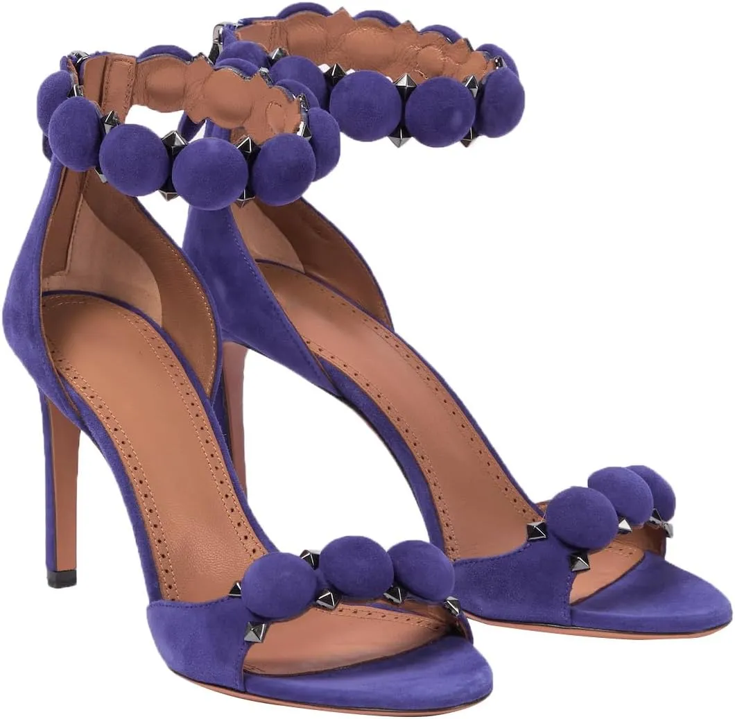 Women's Ankle Strap Stiletto Heeled Sandals Open Round Toe Zipper High Heels Sexy Rivet Button Dress Wedding Party Shoes