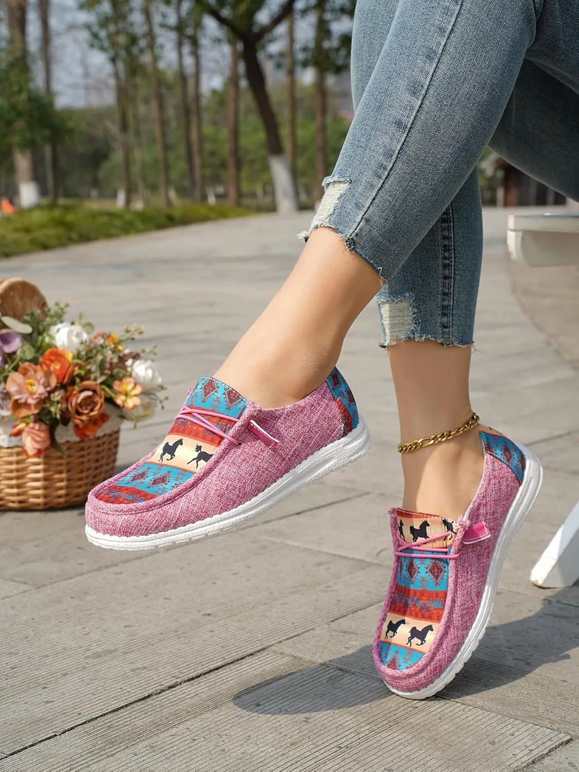 Women's Aztec Print Pattern Canvas Loafer Shoes Ethnic Lace-up Slip-on Sneakers Wide Width and Arch Support Lightweight Walking Breathable Shoes Comfort, Color Blue Brown Rose-Red