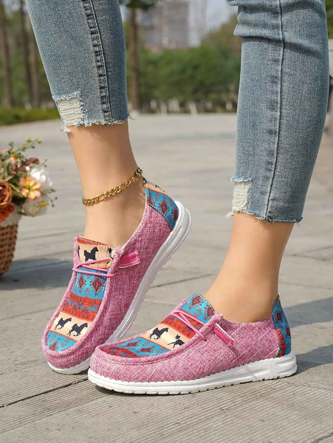 Women's Aztec Print Pattern Canvas Loafer Shoes Ethnic Lace-up Slip-on Sneakers Wide Width and Arch Support Lightweight Walking Breathable Shoes Comfort, Color Blue Brown Rose-Red